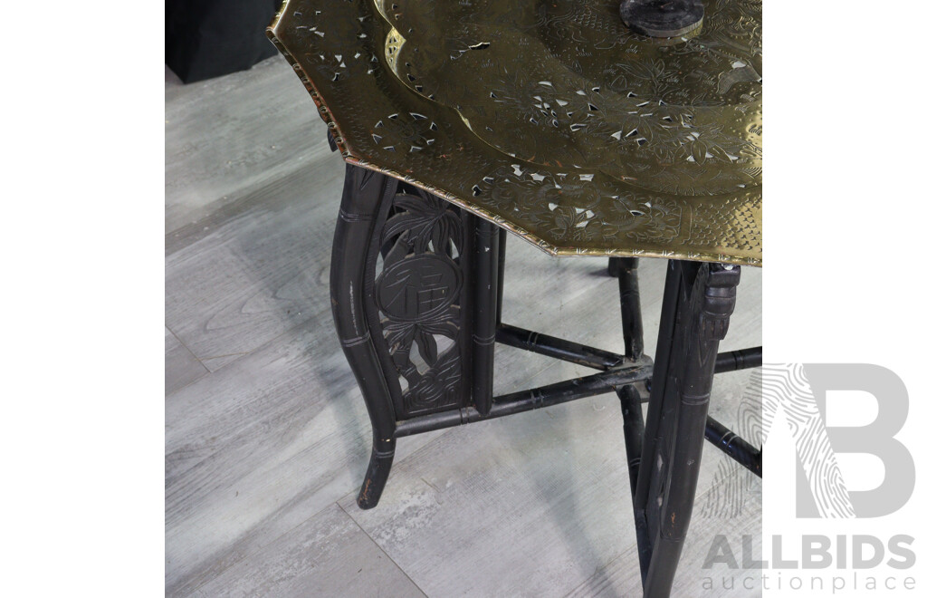 Folding Coffee Table with Carved Wooden Base and Brass Top