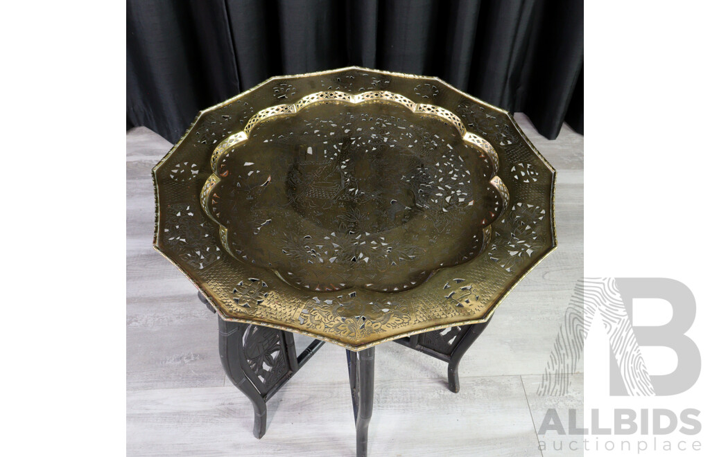 Folding Coffee Table with Carved Wooden Base and Brass Top