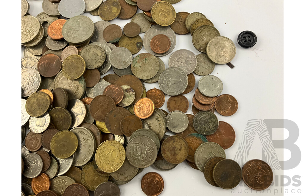 Collection of International Currency Including Australian Silver Predecimal, USA Silver Dimes, Fiji, Malaysia, Hong Kong, Singapore, Thailand, France, Germany and More - Approximately 2.9 Kilograms