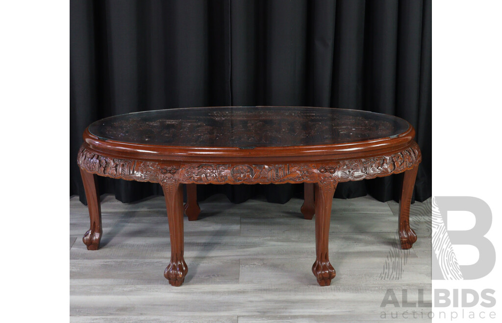 Chinese Heavily Carved Glass Top Coffee Table