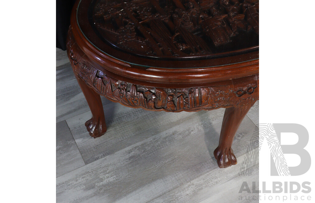 Chinese Heavily Carved Glass Top Coffee Table