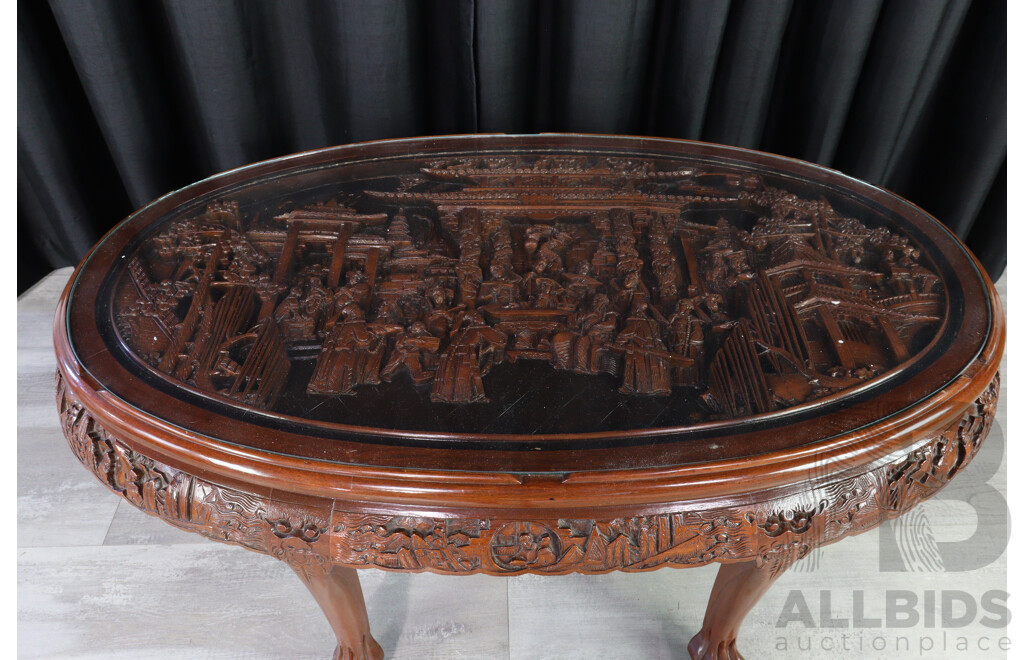 Chinese Heavily Carved Glass Top Coffee Table