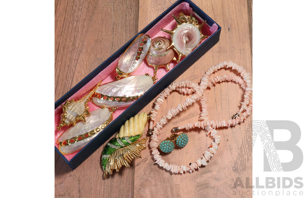 Vintage (6) Gold Tone Dipped Shell Pendants, Vintage Shell Brooch & Vintage Shell Necklace and Bracelet Set