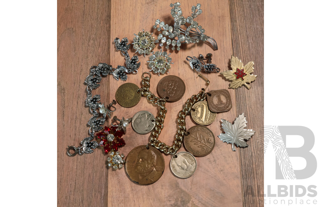 Vintage Coin Bracelet with Coins 1927-1945, with Brooches and Other Vintage Jewellery