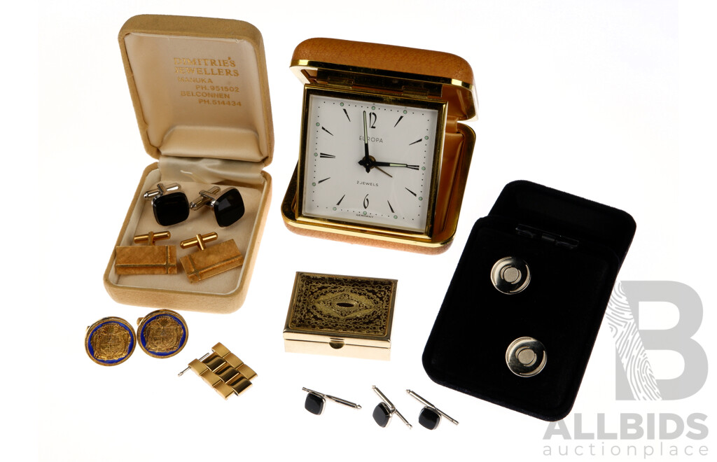 Europa Germany Travel Clock in Case with Pill Box and Collection of Vintage Cuff Links