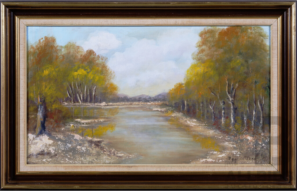 Peg McLeod, (20th Century, Australian, Active c1970s), Goulburn River, (1979). Acrylic on Canvas Board, 39 x 60 cm (frame)