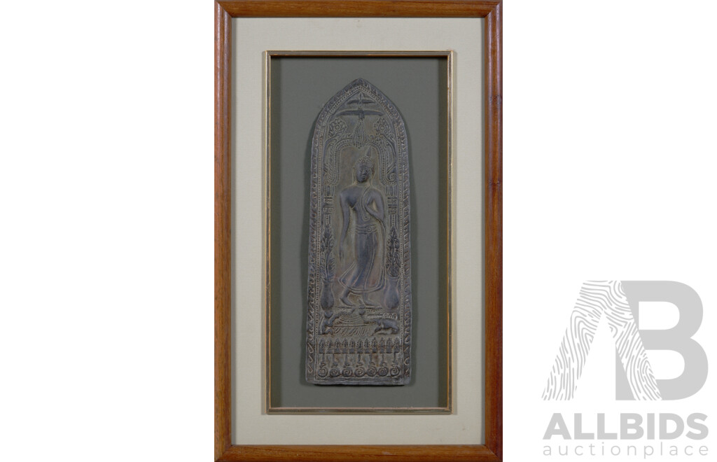 Antique Sukhothai Style Thai Buddhist Votive Plaque (Originally From Ayutthaya Period, 1351-1767), Metal Alloy (Tin and Lead) on Silk in Wood Frame, 56 x 35 cm (frame)