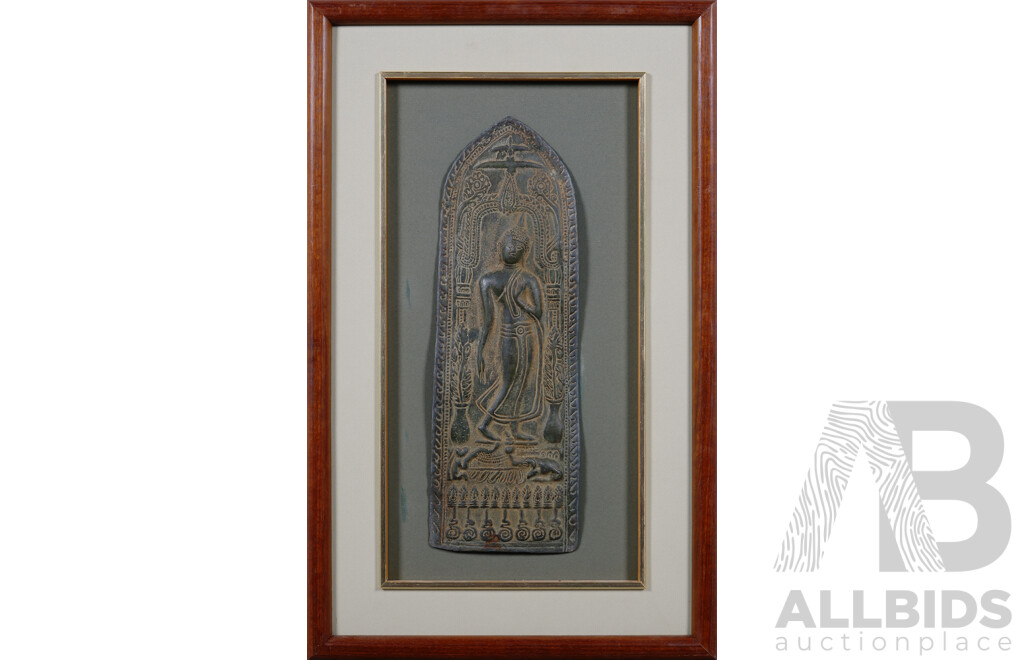 Antique Sukhothai Style Thai Buddhist Votive Plaque (Originally From Ayutthaya Period, 1351-1767), Metal Alloy (Tin and Lead) on Silk in Wood Frame, 56 x 35 cm (frame)