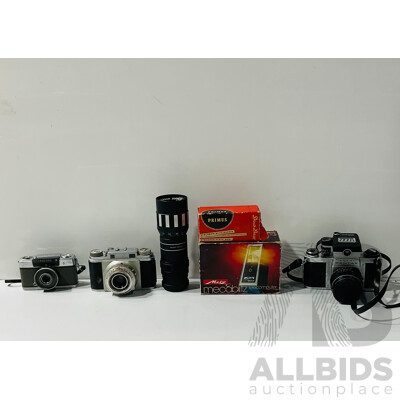 Collection of Vintage Cameras and Camera Gear Including Asahi Pentax Camera, Olympus-pen, Primus Synchron-flash Gun and More