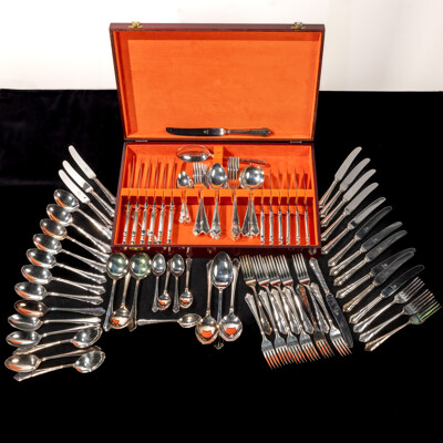Large Set 98 PIece Paramount Silver Plate by Luke in Chippendale Pattern in Wooden Case and Original Box