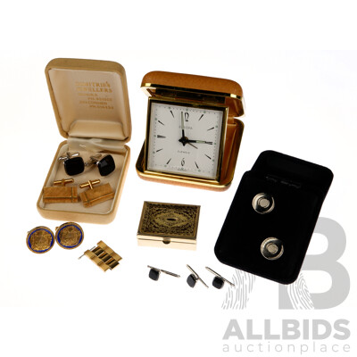 Europa Germany Travel Clock in Case with Pill Box and Collection of Vintage Cuff Links