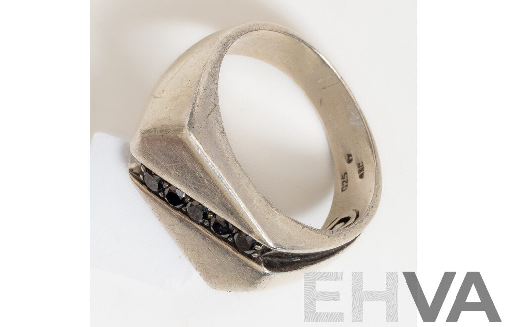 A&C Sterling Silver Black Diamond Signet Ring, TDW0.25ct, Size W, 7.37 Grams