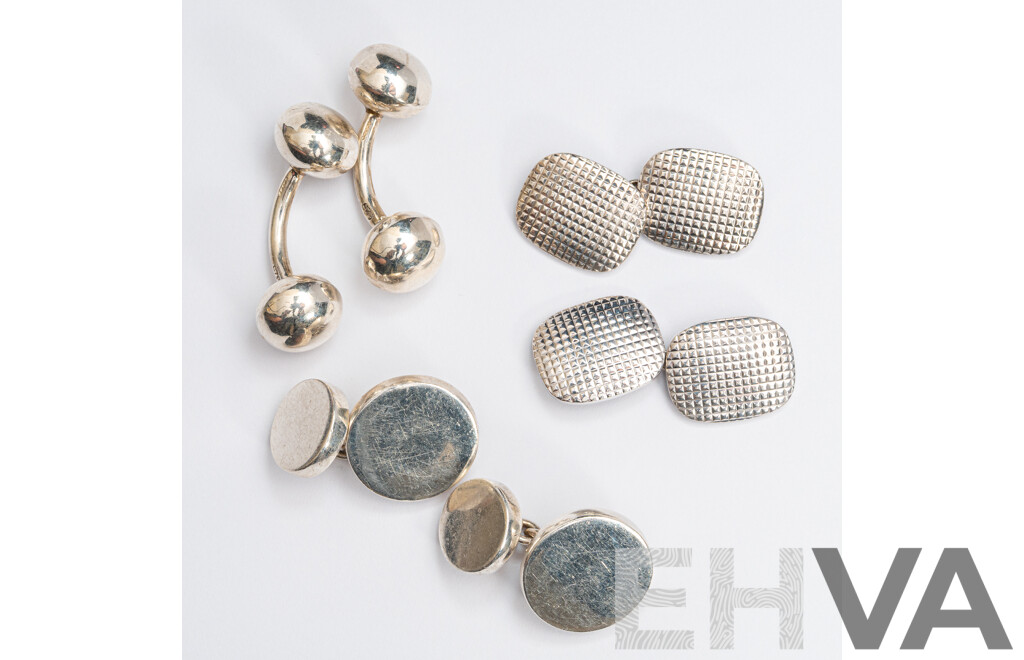 Sterling Silver (3) Pairs of Assorted Design Plain Silver Contemporary Cuff Links, 38.10 Grams