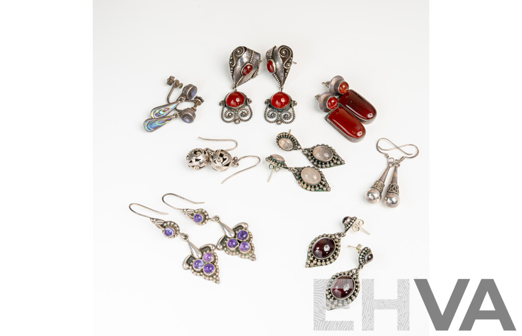 Sterling Silver Vintage Gemstone Drop Earrings, 8 Pairs, 55.0 Grams