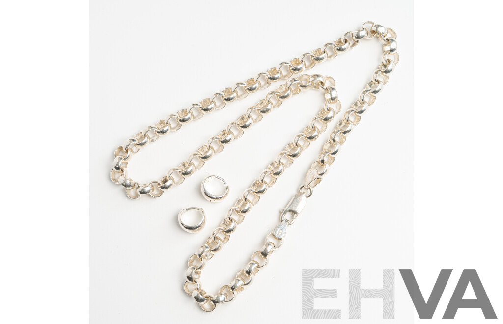 Sterling Silver Belcher Link Necklace, 42cm & Sterling Silver 8mm Hoop Earrings, 36.61 Grams