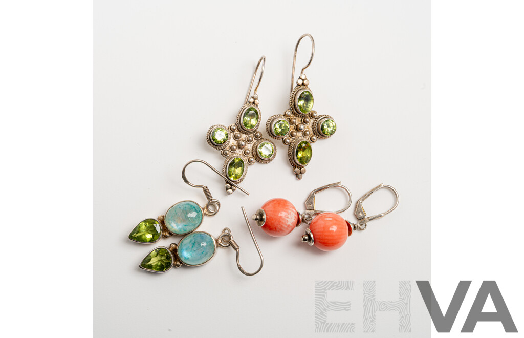 Sterling Silver Gemstone Set Drop Earrings with Peridot, Labradorite & Coral, 21.81 Grams