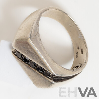 A&C Sterling Silver Black Diamond Signet Ring, TDW0.25ct, Size W, 7.37 Grams
