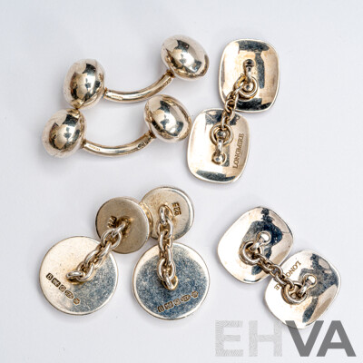 Sterling Silver (3) Pairs of Assorted Design Plain Silver Contemporary Cuff Links, 38.10 Grams