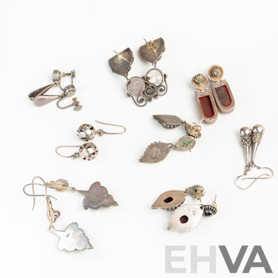 Sterling Silver Vintage Gemstone Drop Earrings, 8 Pairs, 55.0 Grams