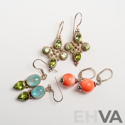 Sterling Silver Gemstone Set Drop Earrings with Peridot, Labradorite & Coral, 21.81 Grams