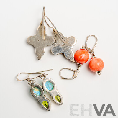 Sterling Silver Gemstone Set Drop Earrings with Peridot, Labradorite & Coral, 21.81 Grams