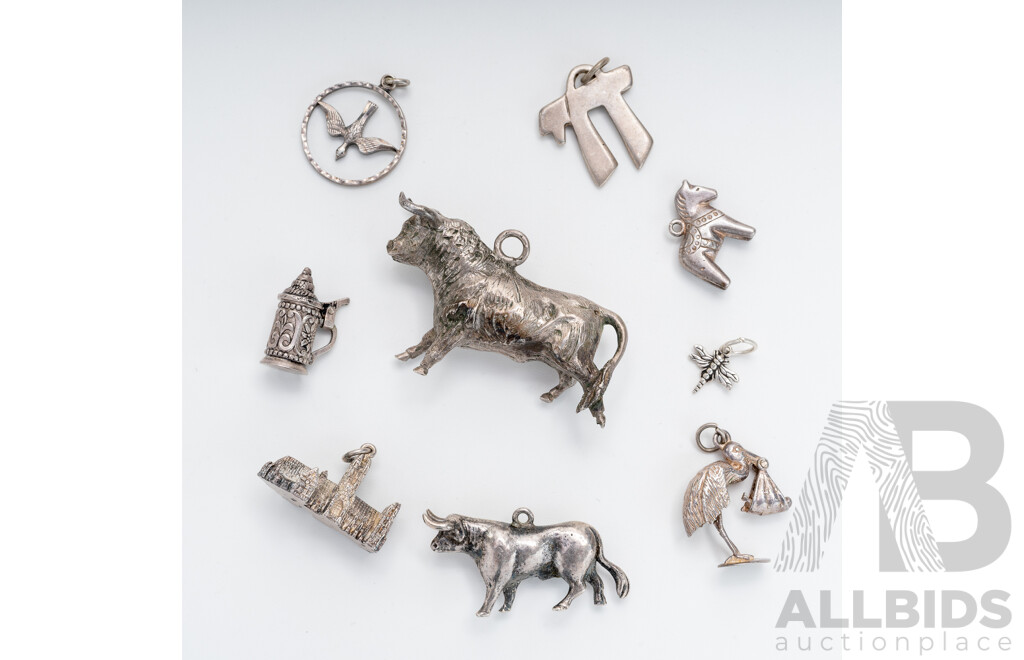 Collection of Vintage Silver (925/800/500) Charms in Various Sizes & Designs Including Matador Bull, 61.17 Grams