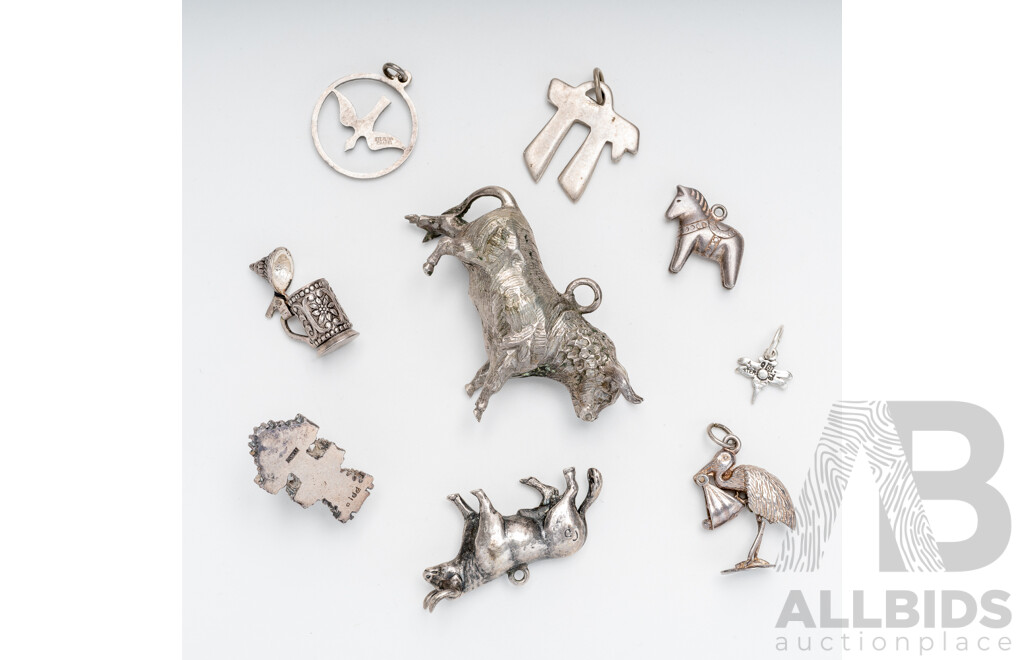 Collection of Vintage Silver (925/800/500) Charms in Various Sizes & Designs Including Matador Bull, 61.17 Grams