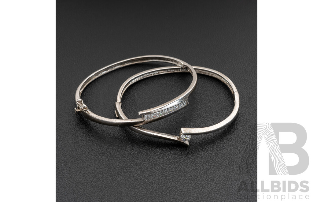 Sterling Silver (2) Hinged Cubic Zirconia Set Bangles, Both 59mm Diameter, 23.09 Grams