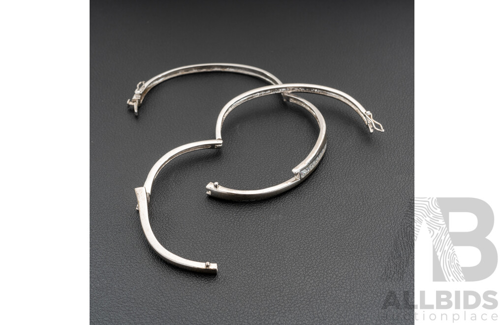 Sterling Silver (2) Hinged Cubic Zirconia Set Bangles, Both 59mm Diameter, 23.09 Grams