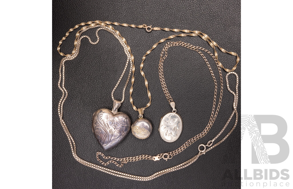 Sterling Silver (3) Vintage Lockets and Chains, 30.54 Grams