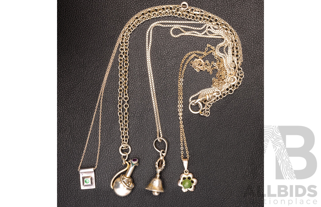 Vintage (4) Sterling Silver Unique Pendants & Chains, 26.20 Grams