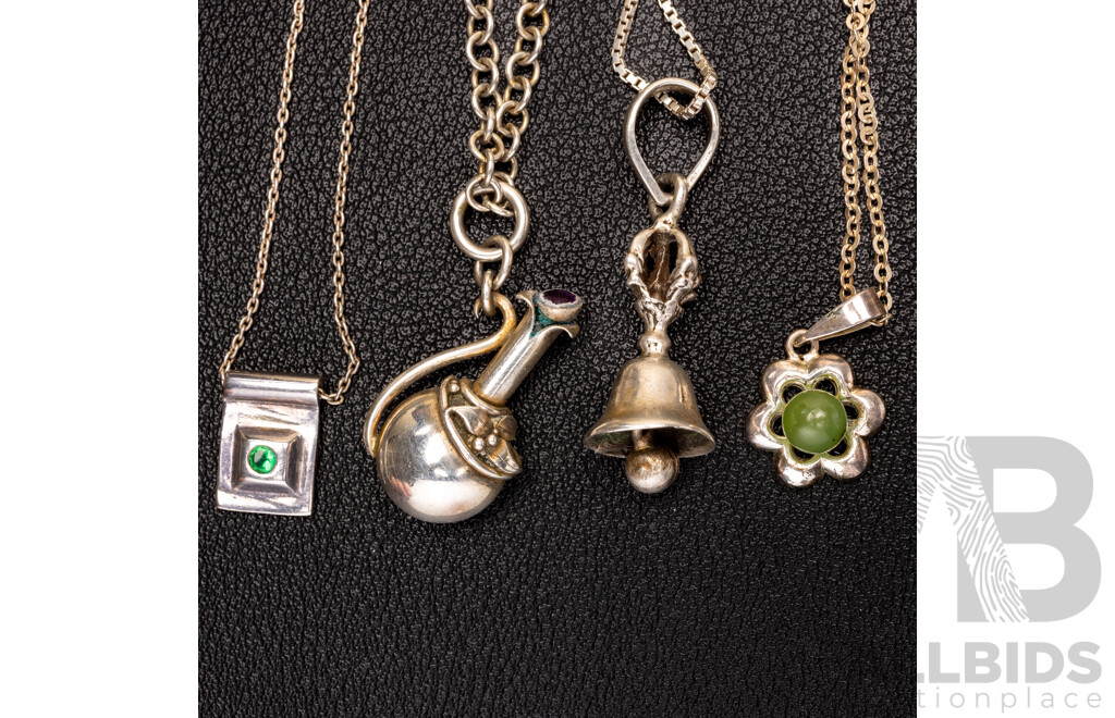 Vintage (4) Sterling Silver Unique Pendants & Chains, 26.20 Grams