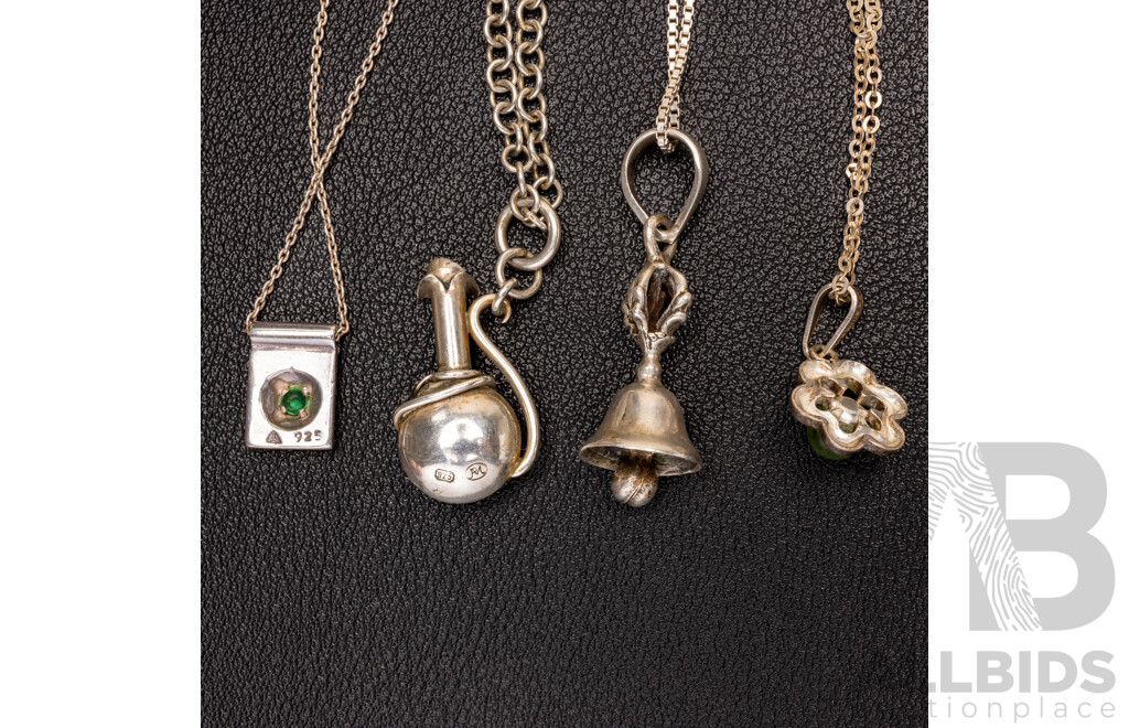 Vintage (4) Sterling Silver Unique Pendants & Chains, 26.20 Grams