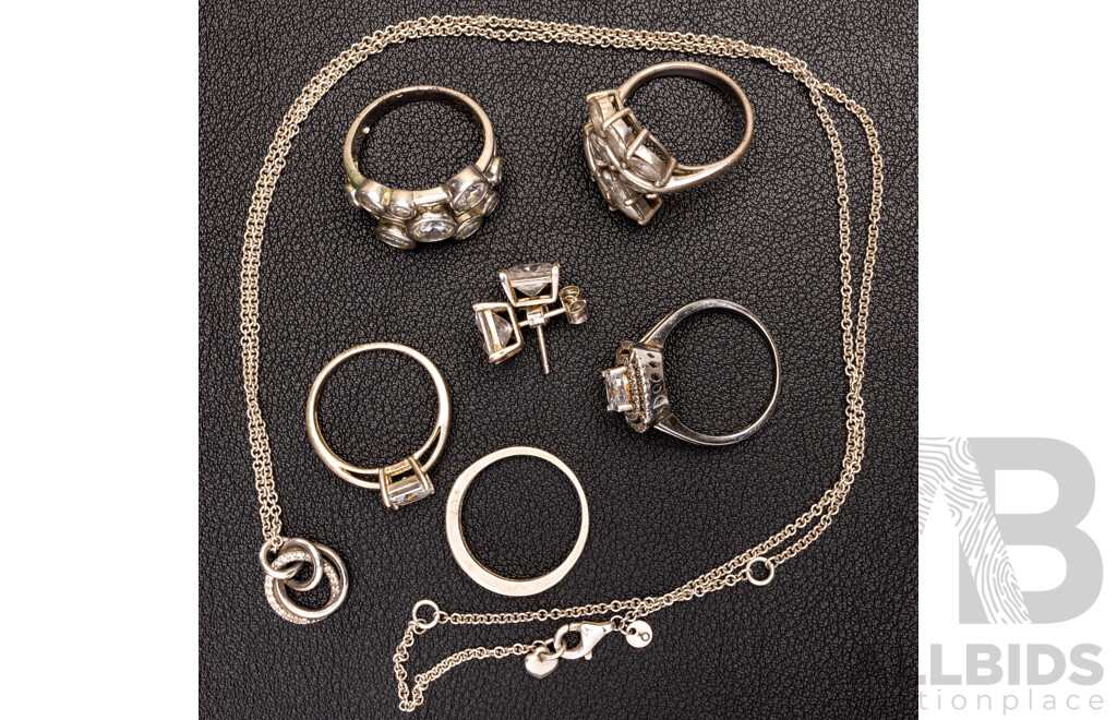 Pandora Family Circle Necklace, Cz Studs and (5) Rings, All Sterling Silver, 27.74 Grams