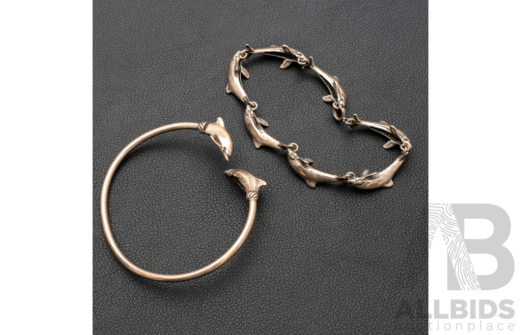 Vintage Sterling Silver Dolphin Bracelet & Vintage Sterling Silver Dolphin Bangle, 25.35 Grams
