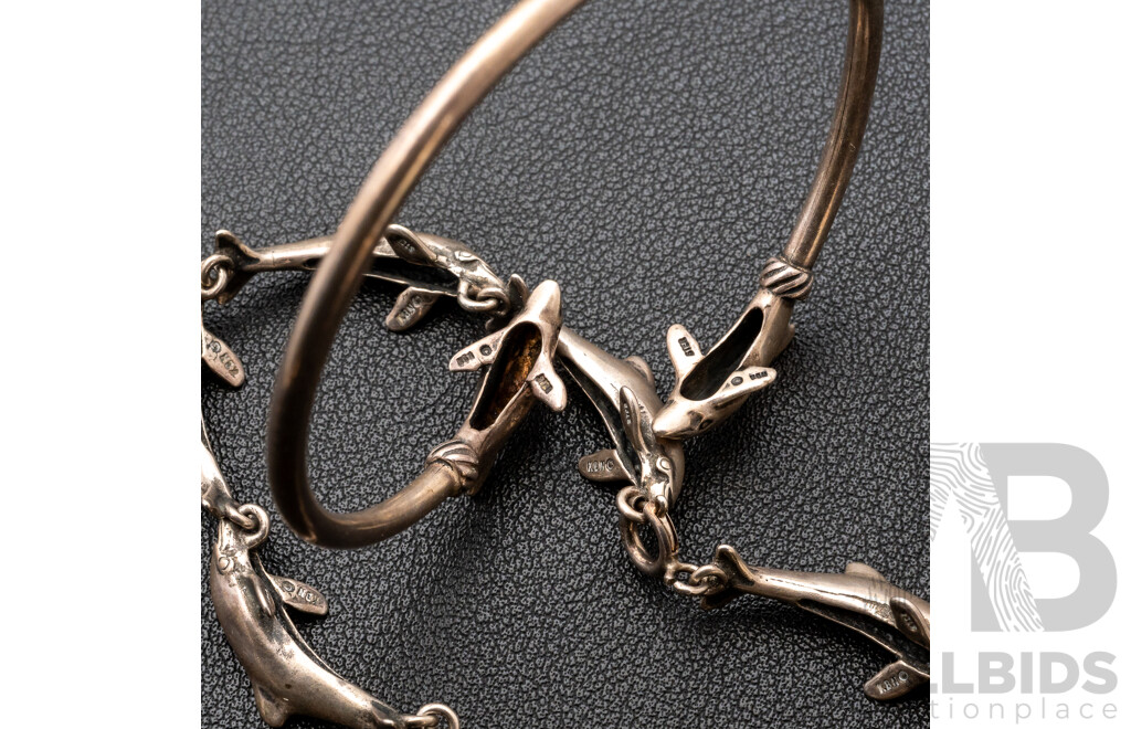 Vintage Sterling Silver Dolphin Bracelet & Vintage Sterling Silver Dolphin Bangle, 25.35 Grams