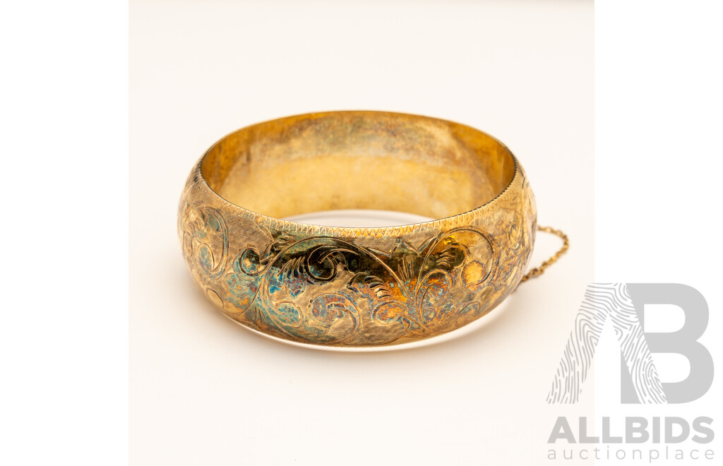 Vintage Gold Tone Sterling Silver Round Hinged Etched Bangle, 60mm, 40.15 Grams