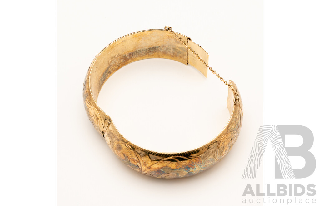 Vintage Gold Tone Sterling Silver Round Hinged Etched Bangle, 60mm, 40.15 Grams