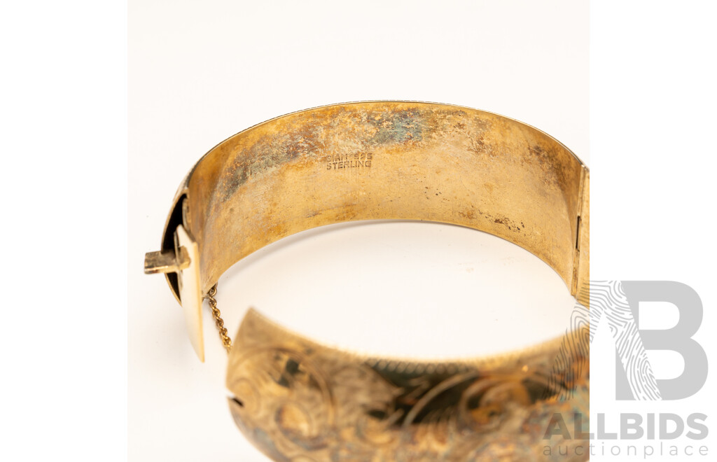 Vintage Gold Tone Sterling Silver Round Hinged Etched Bangle, 60mm, 40.15 Grams