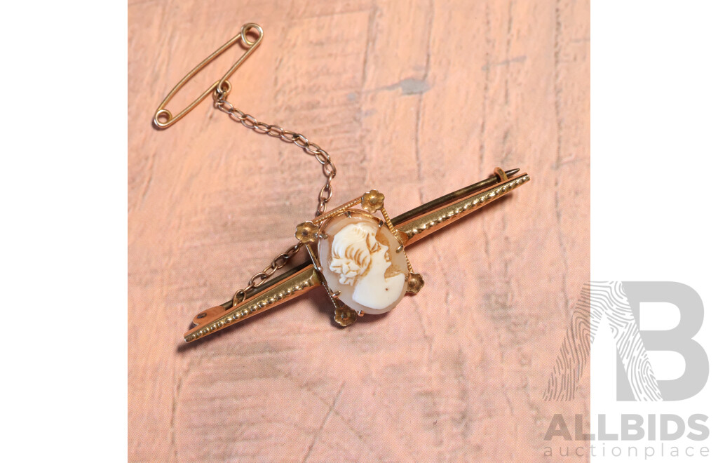 9ct Vintage Shell Cameo Bar Brooch, 50mm Wide, with Floral Motif and Safety Chain Pin, 3.63 Grams