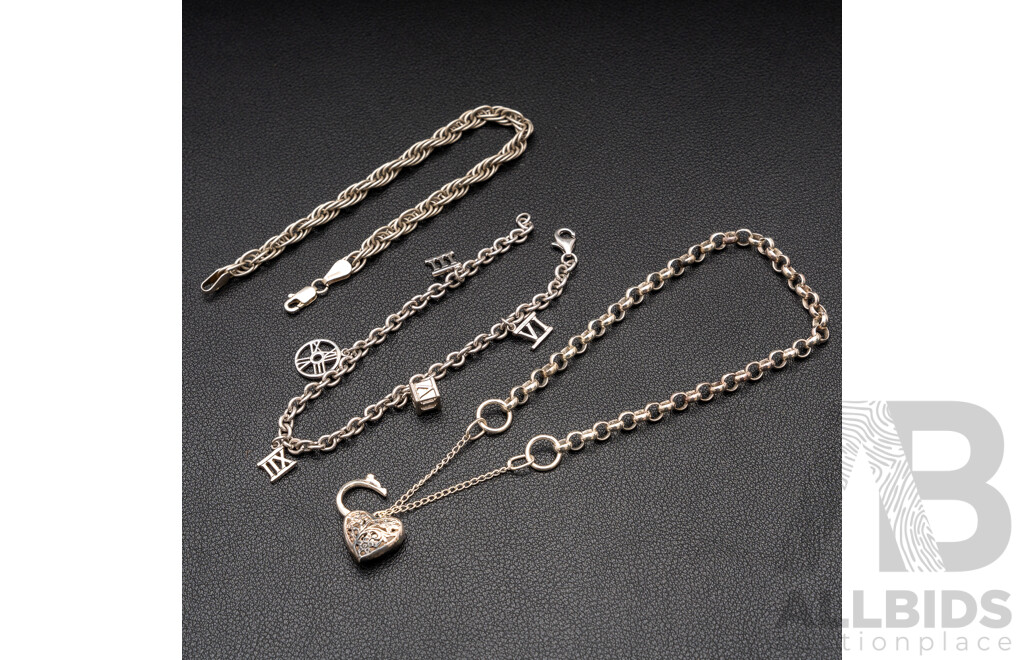 Sterling Silver Belcer Link Heart Padlock Bracelet, Charm Bracelet & Fancy Link Bracelet, 27.27 Grams