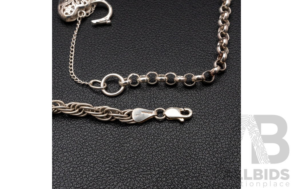 Sterling Silver Belcer Link Heart Padlock Bracelet, Charm Bracelet & Fancy Link Bracelet, 27.27 Grams