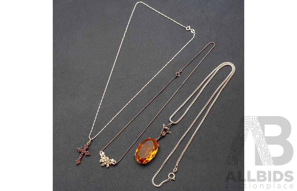 Art Nouveau Sterling Silver Necklace, Vintage Garnet Cross Pendant & Flower Necklet, 28.84 Grams