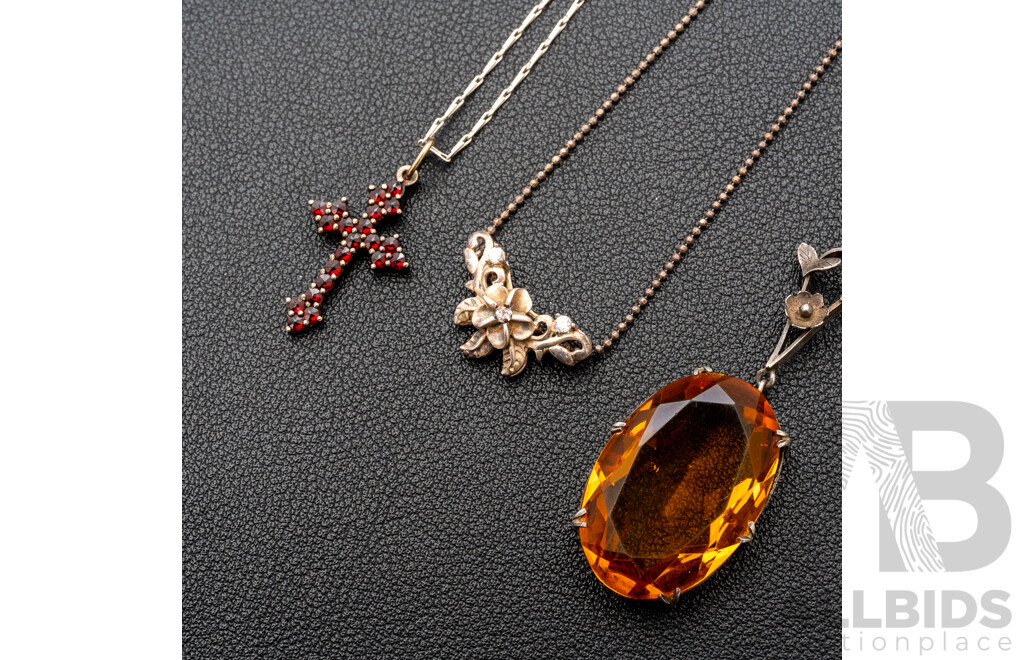 Art Nouveau Sterling Silver Necklace, Vintage Garnet Cross Pendant & Flower Necklet, 28.84 Grams