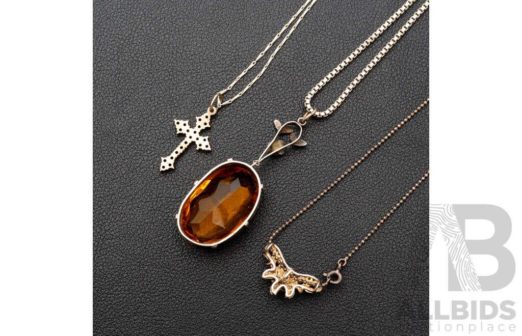 Art Nouveau Sterling Silver Necklace, Vintage Garnet Cross Pendant & Flower Necklet, 28.84 Grams