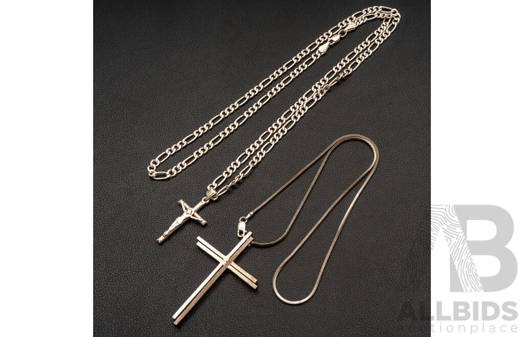 Sterling Silver Crucifix Pendant on Sterling Silver Necklace & Textured Cross Pendant on Chain, 36.75 Grams
