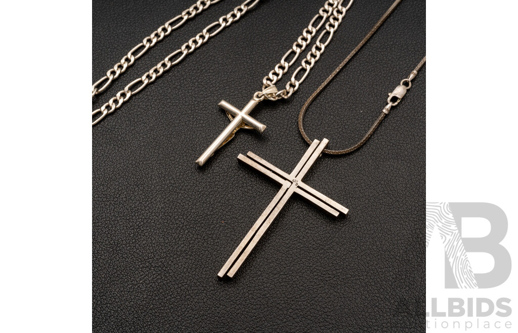 Sterling Silver Crucifix Pendant on Sterling Silver Necklace & Textured Cross Pendant on Chain, 36.75 Grams