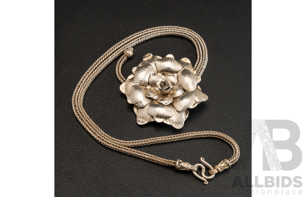 Sterling Silver Rose Slider Lariat Herringbone Link Necklace, 67mm, 65cm, 54.30 Grams