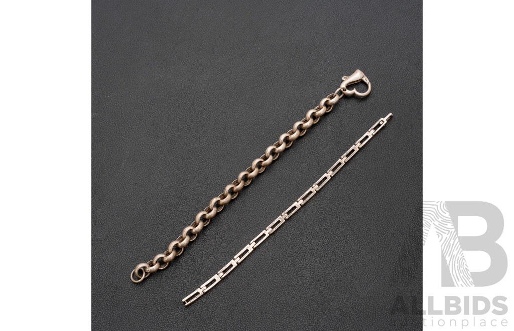 Sterling Silver Belcher Link Heart Clasp Bracelet & SS Bar Link Bracelet, 39.02 Grams