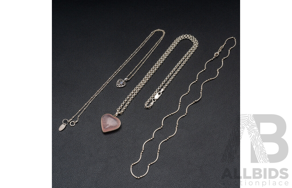 Sterling Silver Rose Quartz Heart Pendant on Belcher Link Necklace, with (2) Other Pretty SS Necklaces, 27.19 Grams